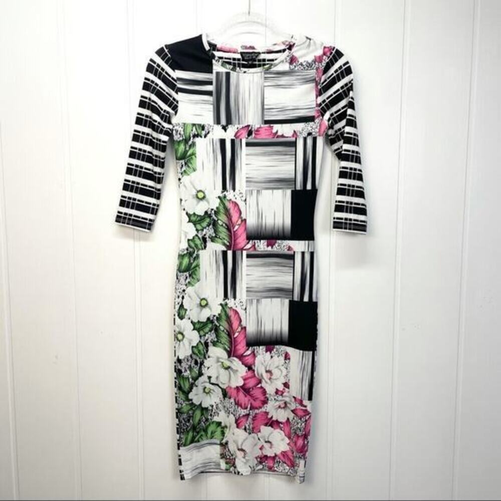 Topshop Floral Stripe Bodycon Dress Size 2 Black White Botanical Garden